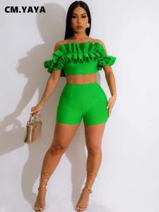 Set CM.Yaya Vintage Women's Set Ruffles Off Shoulder Crop Top and Shorts Suit 2023 Sexy Party Ins Two 2 Piece Set Outfit Tracksuit