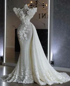 Plus storlek arabiska aso ebi lyxig glittrande sjöjungfru bröllopsklänning spetspärlor paljetterade sexiga brudklänningar klänningar
