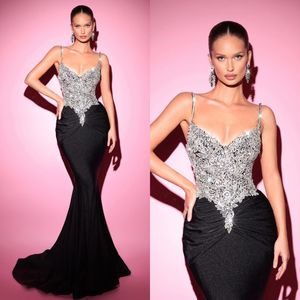 Black Mermaid evening dresses elegant beads straps Prom Dress crystal top Long dresses for special occasions sweep train evening gowns