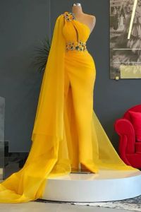 2024 Out Aso Ebi Árabe Amarelo Sereia Vestido de Baile Lace Frisado Noite Formal Festa Segunda Recepção Aniversário Vestidos de Noivado Vestidos Robe De Soiree