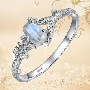 Vintage Fashion Moonstone Opal 14K Vita guldringar för kvinnor Natural Stone Ring bröllopsfest Anniversary Gift Jewelry Anillos Mujer