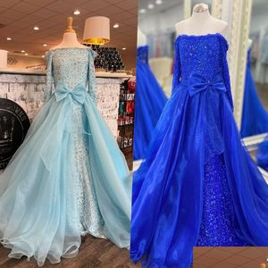 Girl'S Pageant Dresses Lace Dress 2023 Detachable Organza Overskirt Mermaid Long Sleeves Little Kid Birthday Formal Party Gown Toddl Dhq78