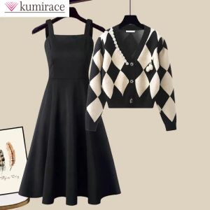 Garnitury Diamond Patchwork Knited Sweter Sexy Suspendend Sukienka Dwie zestawy eleganckie damskie spódnice