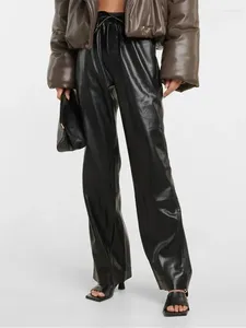 Calças femininas retro preto reto couro all-match feminino outono inverno cintura elástica cordão solto calças largas perna