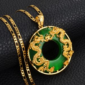 Gynnsam drake 14k guldhänge halsband kvinnor män smycken kinesisk stil naturligt grön jade lycka till lycka lycka