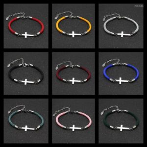 Charme pulseiras de aço inoxidável cruz pulseira amantes simples ajustável sorte corda vermelha para mulheres homens casais amizade jóias