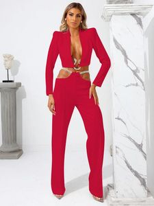 Dwuczęściowe spodnie kobiet seksowne czerwone łańcuch długie rękaw V Blazer Top i garnitur Celebryty Party Night Club 2 zestawy