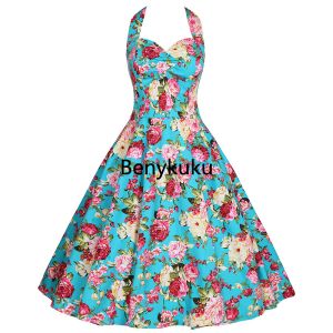 Dresses Sexy Halter Party Dress Retro Floral Print Hepburn Vintage 50s 60s Pin Up Rockabilly Dress Robe Cotton Plus Size Women Clothing