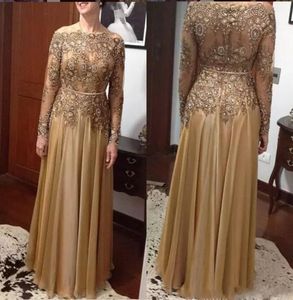 Abiti per la madre della sposa economici con perline modesti maniche lunghe con paillettes Plus Size Abito da cerimonia nuziale in pizzo color oro Lunghezza pavimento da sera9562985