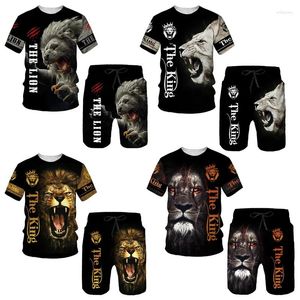 Erkeklerin izleri yaz 3d hayvan desen t-shirt şortu, şiddetli aslan spor giyim yakalı kısa kollu serin giysiler