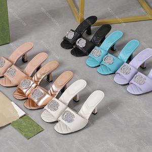Designer tofflor sandaler kvinnor skor mode strass knapp 100% äkta läder 7,5 cm klackar glider toppkvalitet tofflor fabrikskor 35-42