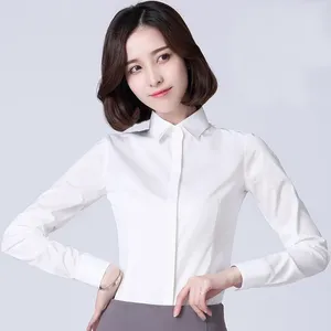 Kvinnors blusar lätt elasticitet långärmad arbetande kontor avslappnad skjorta fast färg smal icke-järnklänning skjortor plus storlek