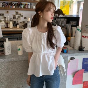 BLouse Puff Sleeve Blauses Women White Oneck Allmatch Korean Style Sweet Sweet Tops Summer Chic Female Temperament Design Fashion New