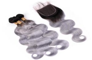 Body Wave 1BGrey Ombre Brasilianska jungfruliga mänskliga hårbuntar med stängning ombre silvergrå hårvävsväskor med 4x4 spetsfront C3606786