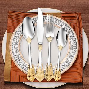 304 stainless steel Gold Cutlery Set Vintage Western Dinnerware Luxury Tableware Engraving Forks Knive Spoons Sliverware 240301