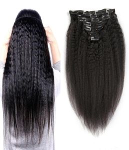 120g Kinky Düz Brezilya Saç Uzantıları Klips Ins Natiral Black Remy 7pcsset İnsan Saç Uzantıları Kaba Yaki Klipsi7647221