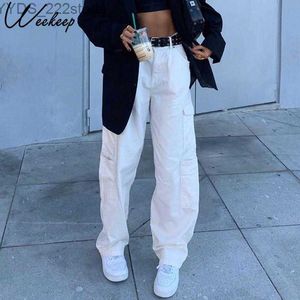 Jeans Jeans Weekeep Pocket White Streetwear High Waist Vintage Straight Harajuku Denim Cargo 240304