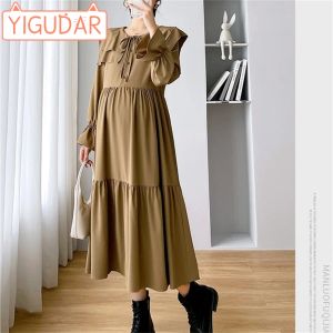 Vestidos de maternidade para mulheres grávidas, outono inverno, solto, versão coreana, patchwork, francês, retrô, fino e suave, comprimento médio