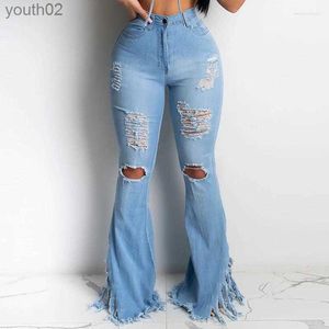 Women's Jeans Womens Jeans Women Flared Pants Knee Cut Hole Destroyed Slim Boot Trousers Wide Leg Bell Bottom Club 240304