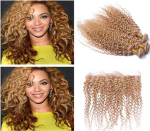 Indian Honey Blonde Ombre Human Hair Weaves With Ear to Ear Frontal Kinky Curly 27 Strawberry Blonde 3bunds med 13x4 Full Lace7349691