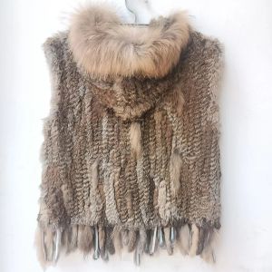 Fur Women Hooded Knitted Real Rabbit Fur Vest With Real Raccoon Fur Collar Fashion Sleeveless Genuine Rabbit Fur Gilet Outwear