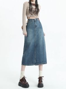 rock Split Lange Denim Rock für Frauen Frühling Herbst Sommer 2023 Neue Hohe Taille Tropfen Gefühl Schlanke Jeans Mid Rock günstige Großhandel