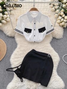 Suits Chillgio Kadın Seksi Sekreter Tekdüzen Etek Takım Moda Turnot Yaka Tops Mini Split Etekler Erotik İki Parça Pijama Seti