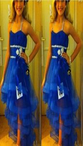 Halter Girls Pageant -klänningar paljetter Pärlor Tiered Royal Blue Flower Girl Dress for Teens Tulle Sash Kids Formal Wear Girls Wedding P7451811