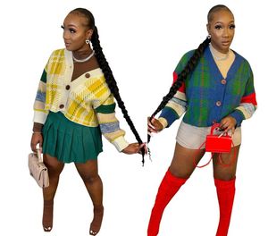 Designer feminino cardigans de malha suéteres meninas contrastando y2k xadrez mangas compridas em torno do pescoço solto macio versátil jaqueta suor