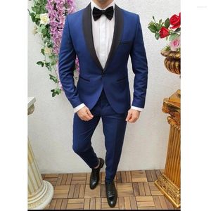 Abiti da uomo Un bottone Giacca blu Slim Fit Scialle nero Risvolto Formale 2 pezzi Giacca Pantaloni Costume da sera Homme Elegante Terno