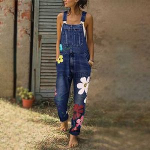 Women's Jeans Denim Blue Overalls Jumpsuit Rompers Belted Printing Out Pocket Lady Overall Fashion Female Jumpsuit 240304