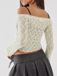 Women's T Shirts HzDazrl Women Y2k Lace Long Sleeve Top Floral See Through Off Shoulder Crop Tops Tee Sexy Slim Fit Blouses