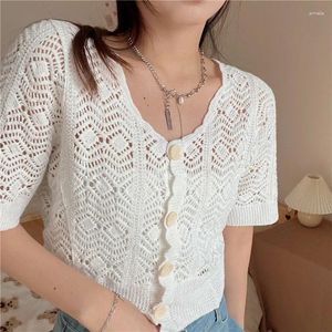 Women's Blouses TingYiLi V-neck Hollow Out Crochet Top Women Summer Button-Front Short Sleeve Knit Shirts Korean Style Ladies White Crop