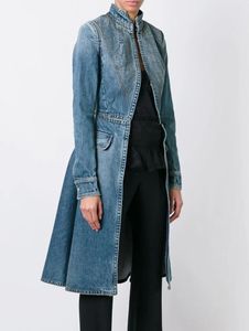 Женские тренчи, весенне-осенние джинсовые длинные женские однобортные ветровки с воротником-стойкой, карманные куртки, пальто, женская уличная одежда