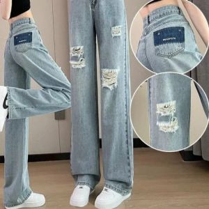 Jeans rippade jdown ljus rak wideleg byxor moppbyxor tunn highwaisted päronformad kropp mångsidig lös kvinnors sommar fit typ