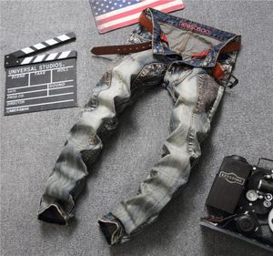 2018 Nuovi jeans denim patchwork per uomo Biker Skinny strappato buco graffiato Jeans punk uomo plaid designer pantaloni abbigliamento3792986