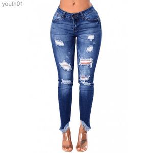 Women's Jeans Womens Jeans Fashion Pencil Skinny Denim Pants Women Washed Stretch Mid Waist Hole Ripped Hollow Out S-2XL 240304