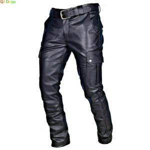 Calças masculinas de couro para motocicleta com bolsos de carga Calças pretas PU sem cinto Calças masculinas tamanho grande S-5XL 240304