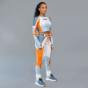 تناسب النساء الأكمام الطويلة croptop slim outfit tracksuit اثنين من قطعتين مجموعة طباعة عالية مرنة طماق نحيفة