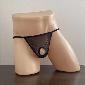 Calça masculina de malha elástica dupla com buraco vazado, sexy e transparente, calça tanga 306211