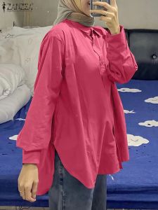 Tops ZANZEA Fashion Muslim Islamic Clothing Women Lapel Neck Long Sleeve Shirt Autumn Casual Split Hem Tops Blusa Solid Office Blouse