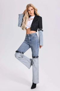 Kvinnors tvåbitar byxor denim lapptäckjacka kvinnor jeans hög midja rak pu läder spänne mode streetwear trend byxa uppsättningar