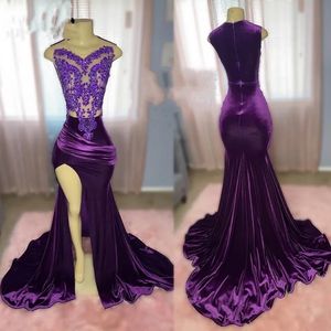 Sexy Purple Veet Mermaid Sukienki na balu dla czarnych dziewczyn Sheer szyi z koralikami Slit Party Suknie Abend Kleider Vestidos de Gala