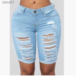 Jeans femininos jeans mulher verão cintura estiramento na altura do joelho shorts envoltório hip denim curto jean bottoms 240304