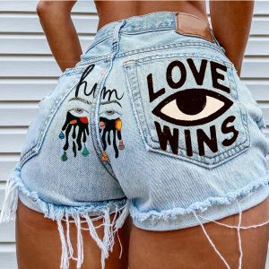 Jeans plus size kvinnors jean shorts blå tryckta ögon graffiti rip hål rumpa kort jeans för kvinnor het försäljning