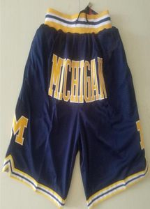 Nya Shorts Team College Michigan Wolverines Vintage BaseKetball Shorts Zipper Pocket Running kläder Navy and Yellow Just Done Siz2804530