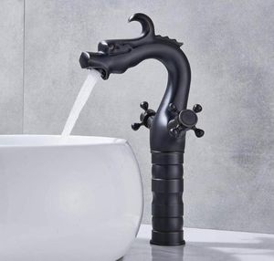 Dragon Shape Badrumsvaskkärl Krigare Dual Handle Mixer Tap Black Color Brass Material Olje Ruggad bronskranar3355201