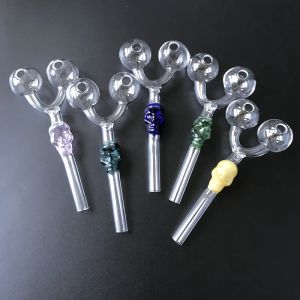 Double Skull Glass Pipes Two Head Glass Pyrex Oil Burner Pipes Colorful Smoking Tobacco Pipes SW29 LL