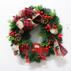 Decorative Flowers Xmas Rattan Hanging Wreath Farmer Car Design Rural Style Door Wall Garland Classic Check Linen Bowtie Pine Cone & Red