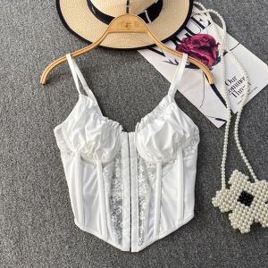 Camis Corset Top Bustier Lace Patchwork Sheer Sexy Crop Tops Spaghetti Strap Backless Camisole With Bulid In Bra French Style Dropship